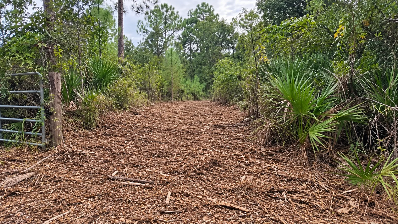 Open access path covered with shredded brush, with palmetto and mature trees retained along both sides